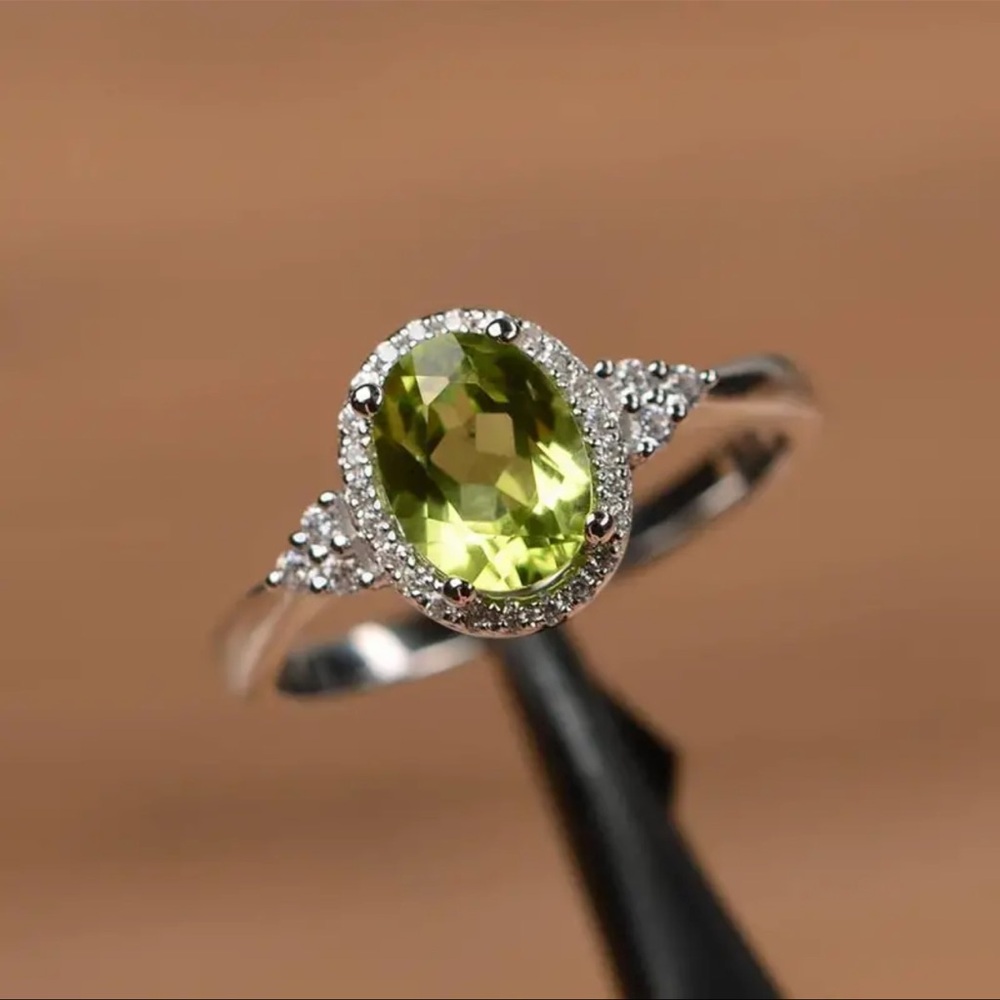 Peridot gemstone Halo CZ  Diamond Ring August Green Birthday Birthstone Jewelry